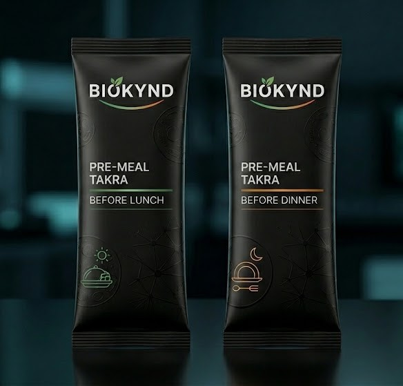 BIOKYND Pre-Meal Takra sachets — two sachets shown side by side for lunch and dinner use